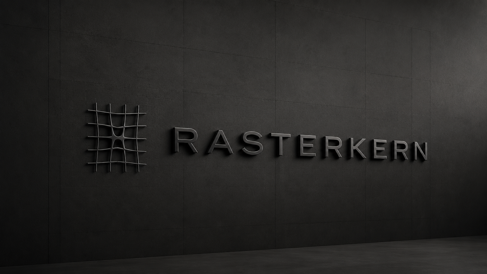 Rasterkern Logo als räumliche Markeninstallation an dunkler Wand